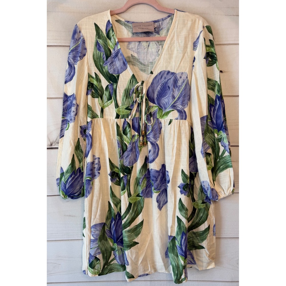 White Closet Elements Purple Iris Floral Linen Blend Mini Dress Small Boho Tie V